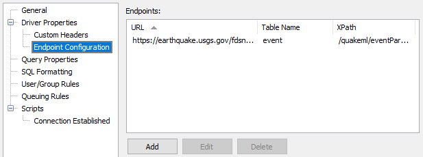 Endpoints screen showing the URI, Schema Name, and XPath of the endpoints that have been configured for this connection.